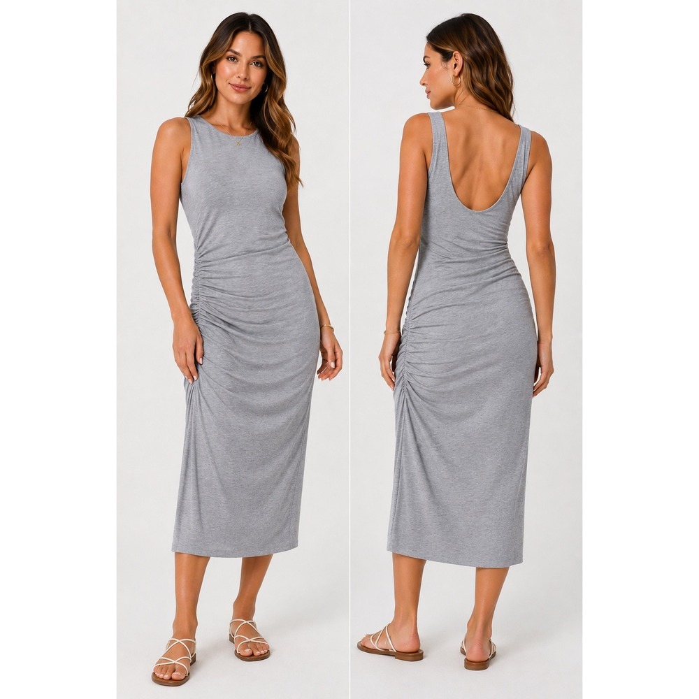 Athleta Gray Ruched Midi Tank Dress Sleeveless Scoop Neck Size M